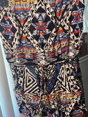 Tribal Print Cinched Waist Romper in Black, Cream & Blue